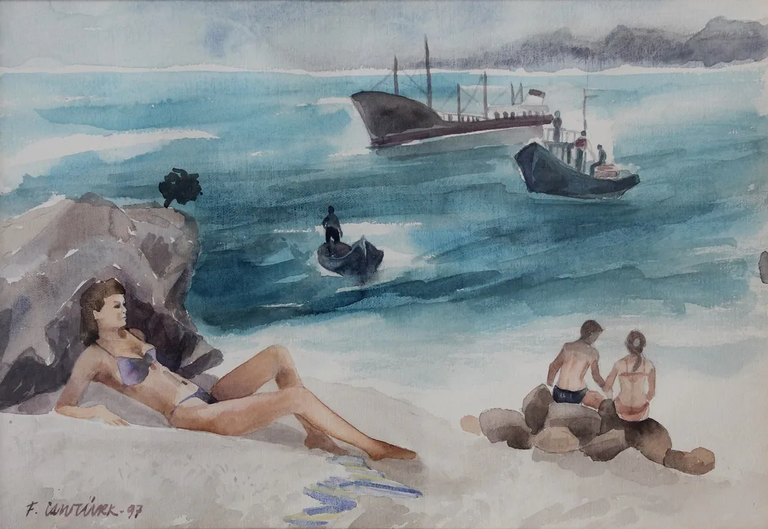 "Balıkçılar" eseri FİKRİ CANTÜRK tarafından 1997 yılında 32x46 cm ölçülerinde Kağıt üzeri sulu boya tekniği ile yapılmıştır.