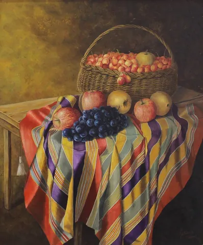 GÜLSEREN SEVEN — “Üzümlü Kırmızı Natürmort” "Üzümlü Kırmızı Natürmort" eseri GÜLSEREN SEVEN tarafından 60x50 cm ölçülerinde Duralit üzeri yağlı boya tekniği ile yapılmıştır.