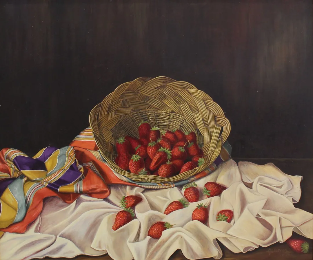 "Çilekli Natürmort" eseri GÜLSEREN SEVEN tarafından 50x60 cm ölçülerinde Duralit üzeri yağlı boya tekniği ile yapılmıştır.