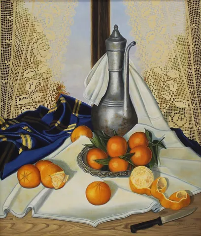 "İbrikli Dantel" eseri GÜLSEREN SEVEN tarafından 70x60 cm ölçülerinde Tuval üzeri yağlı boya tekniği ile yapılmıştır.