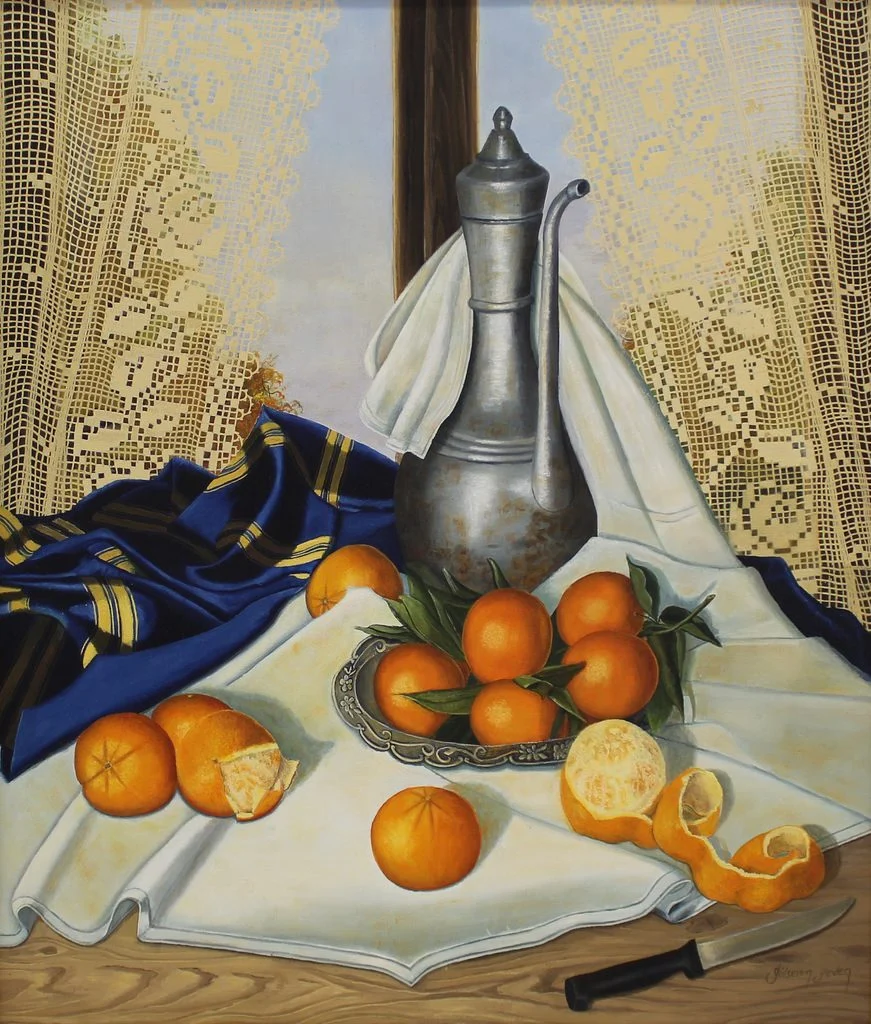 "İbrikli Dantel" eseri GÜLSEREN SEVEN tarafından 70x60 cm ölçülerinde Tuval üzeri yağlı boya tekniği ile yapılmıştır.