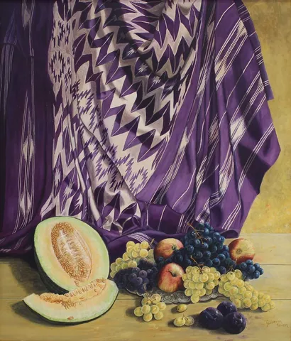 "Kavunlu Mor Örtülü" eseri GÜLSEREN SEVEN tarafından 70x60 cm ölçülerinde Tuval üzeri yağlı boya tekniği ile yapılmıştır.