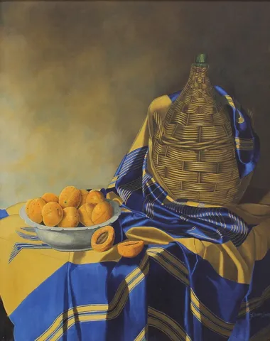 "Kayısılı Sepet" eseri GÜLSEREN SEVEN tarafından 70x60 cm ölçülerinde Tuval üzeri yağlı boya tekniği ile yapılmıştır.