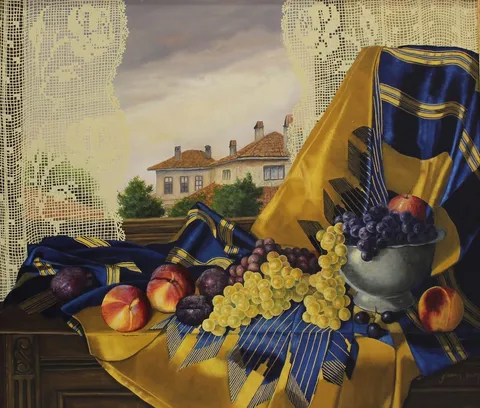 "Şeftali Üzüm" eseri GÜLSEREN SEVEN tarafından 60x70 cm ölçülerinde Tuval üzeri yağlı boya tekniği ile yapılmıştır.