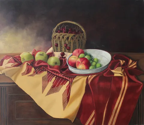 GÜLSEREN SEVEN — “Vişneli Natürmort” "Vişneli Natürmort" eseri GÜLSEREN SEVEN tarafından 60x70 cm ölçülerinde Tuval üzeri yağlı boya tekniği ile yapılmıştır.
