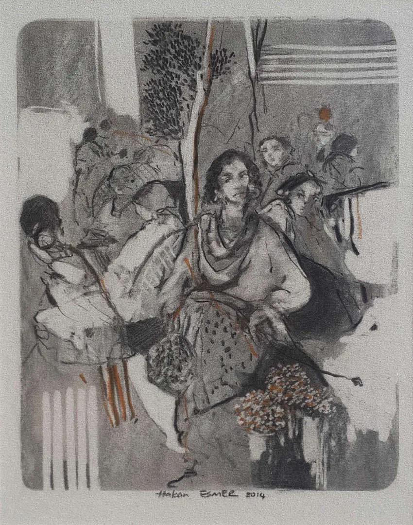 "Diyaloglar" eseri HAKAN ESMER tarafından 2014 yılında 30x24 cm ölçülerinde Kağıt üzeri karışık teknik tekniği ile yapılmıştır.