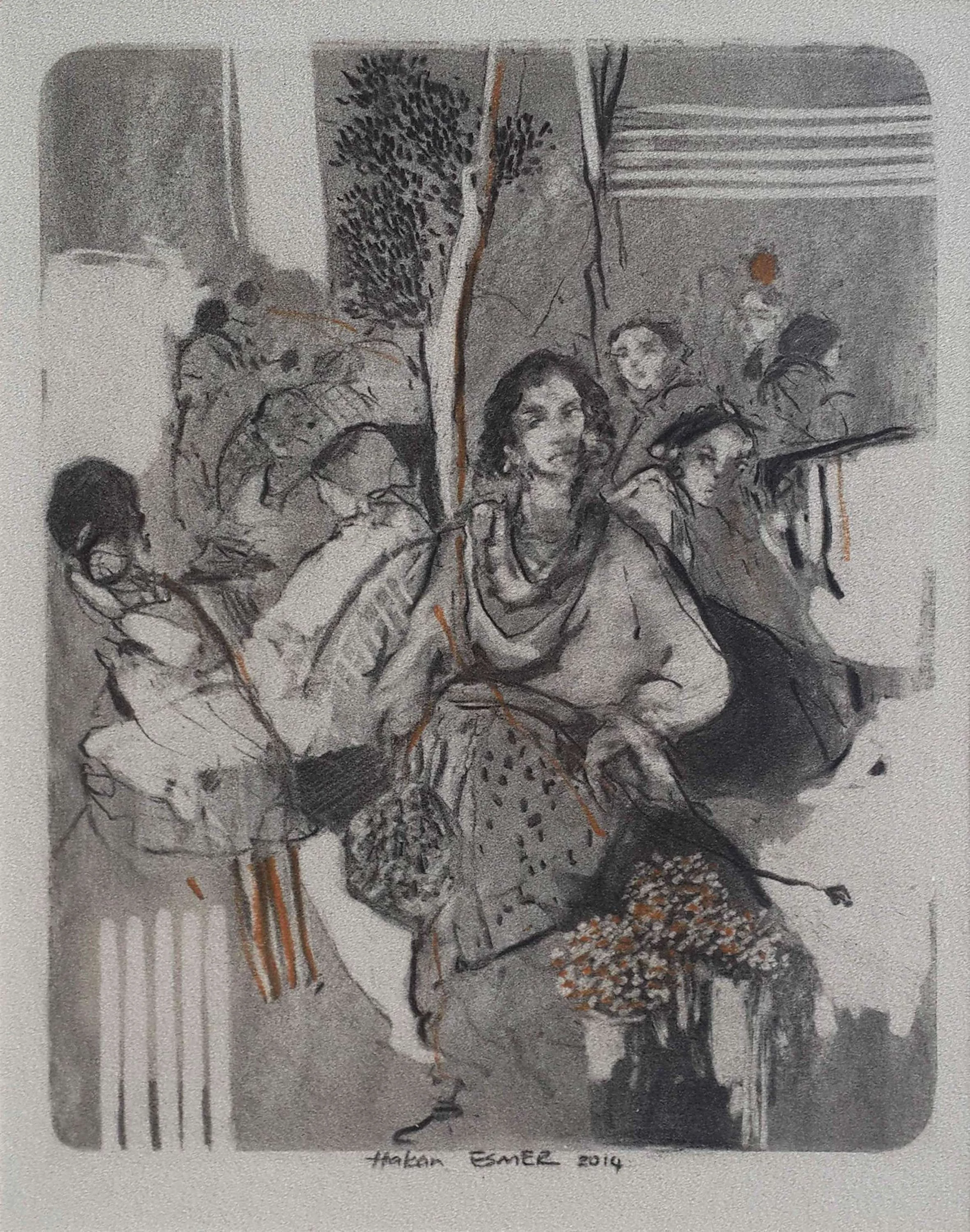 "Diyaloglar" eseri HAKAN ESMER tarafından 2014 yılında 30x24 cm ölçülerinde Kağıt üzeri karışık teknik tekniği ile yapılmıştır.