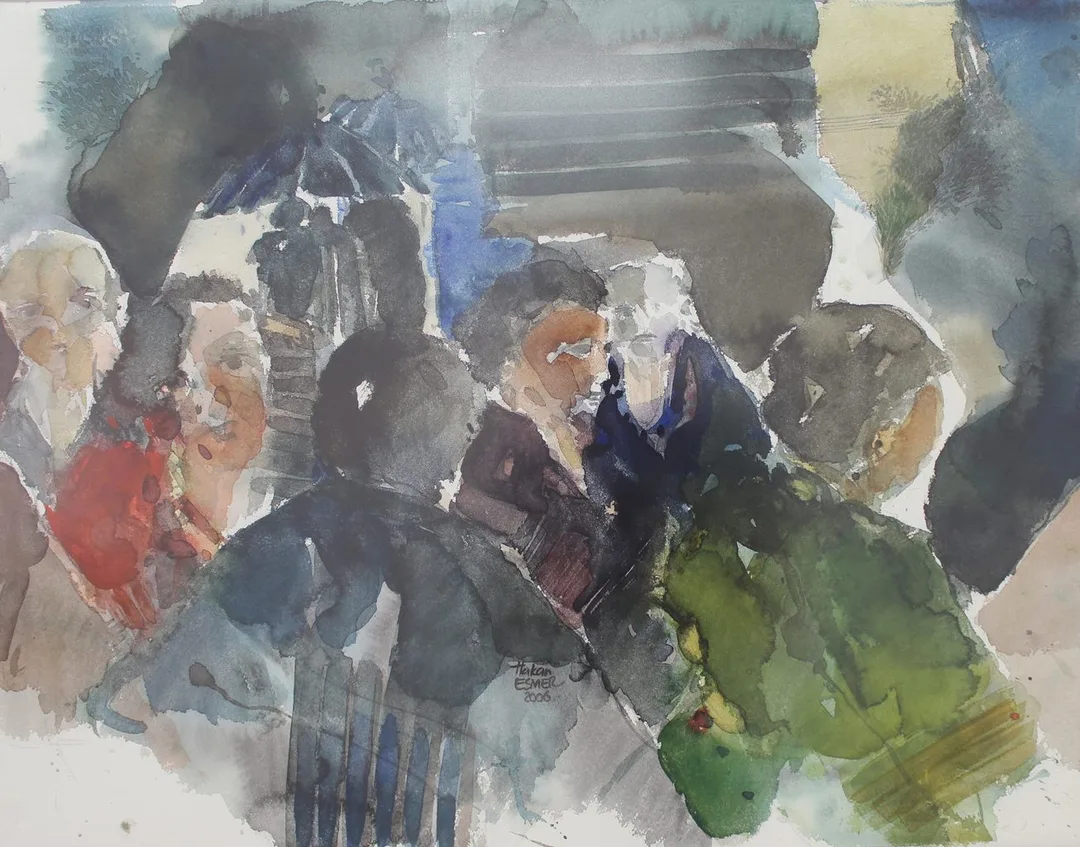yakınlaştır "İsimsiz" eseri HAKAN ESMER tarafından 57x75 cm ölçülerinde Kağıt üzeri sulu boya tekniği ile yapılmıştır.