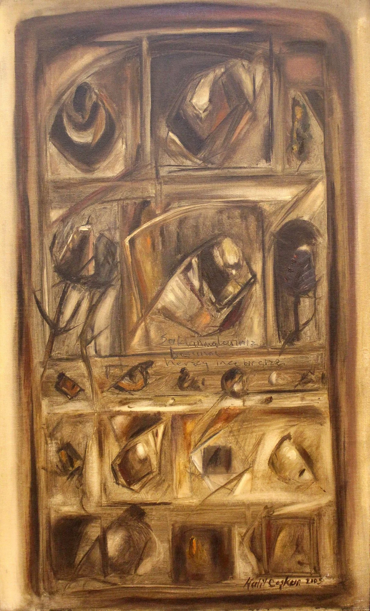 "İsimsiz" eseri HALİL COŞKUN tarafından 2005 yılında 83x50 cm ölçülerinde Tuval üzeri yağlı boya tekniği ile yapılmıştır.