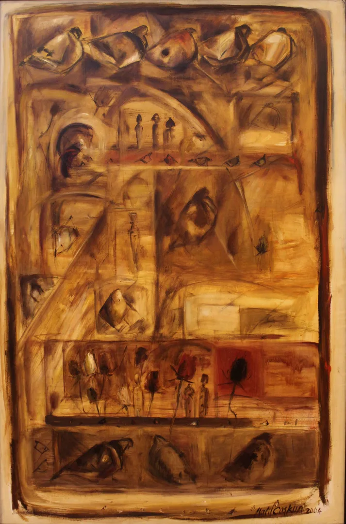yakınlaştır "İsimsiz" eseri HALİL COŞKUN tarafından 2004 yılında 145x93 cm ölçülerinde Tuval üzeri yağlı boya tekniği ile yapılmıştır.
