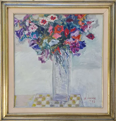 "Vazoda Çiçekler" eseri HAMZA İNANÇ tarafından 1992 yılında 60x57 cm ölçülerinde Tuval üzeri yağlı boya tekniği ile yapılmıştır.