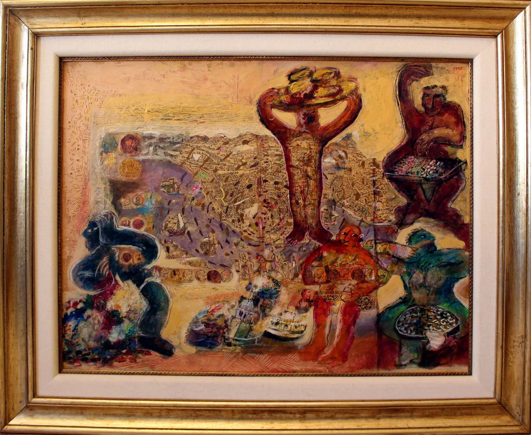 yakınlaştır "İsimsiz" eseri HANEFİ YETER tarafından 1993 yılında 60x80 cm ölçülerinde Duralit üzeri karışık teknik tekniği ile yapılmıştır.