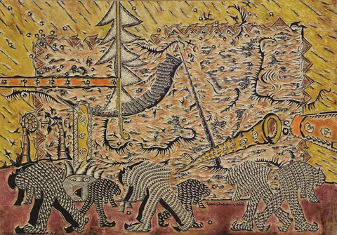 "Arayış VI" eseri HASAN KIRAN tarafından 2012 yılında 84x120 cm ölçülerinde Kalıp tekniği ile yapılmıştır.
