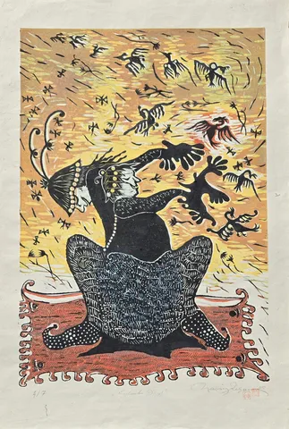 HASAN KIRAN — “Kuşlarla Dans”, 2005 "Kuşlarla Dans" eseri HASAN KIRAN tarafından 2005 yılında 86x60 cm ölçülerinde Ağaç Baskı tekniği ile yapılmıştır.