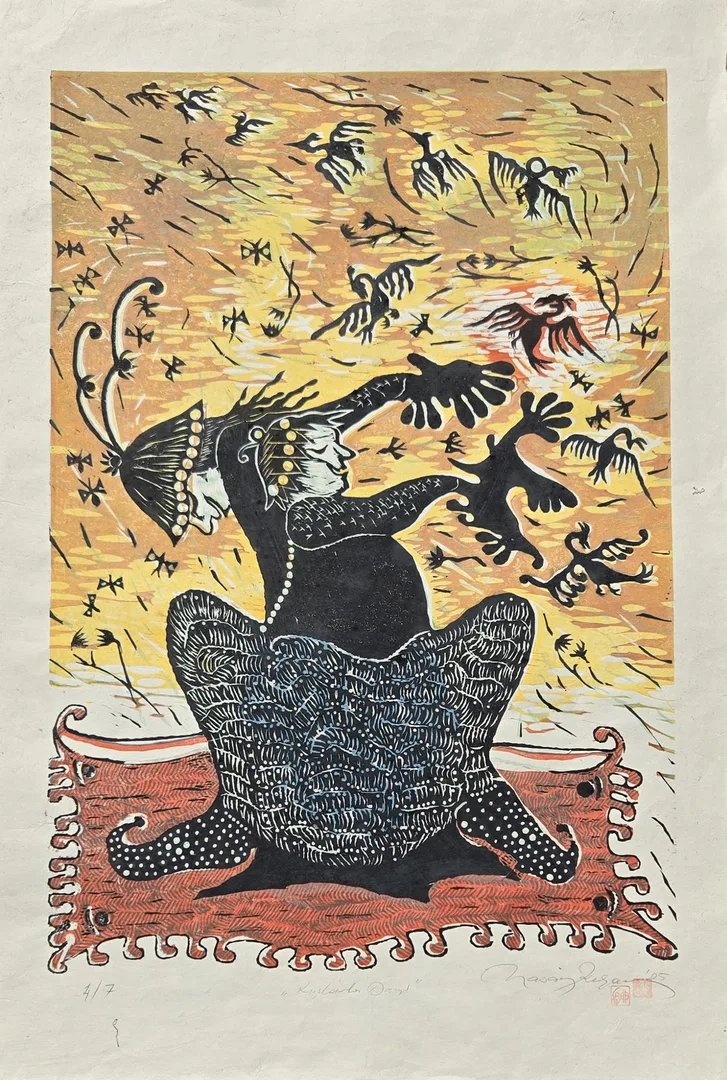 "Kuşlarla Dans" eseri HASAN KIRAN tarafından 2005 yılında 86x60 cm ölçülerinde Ağaç Baskı tekniği ile yapılmıştır.