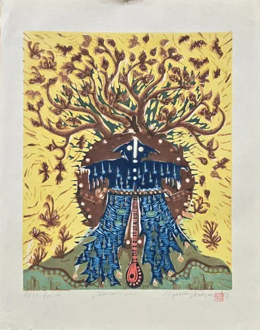HASAN KIRAN — “Şamanın Göçü”, 2006 "Şamanın Göçü" eseri HASAN KIRAN tarafından 2006 yılında 70x60 cm ölçülerinde Ağaç Baskı tekniği ile yapılmıştır.