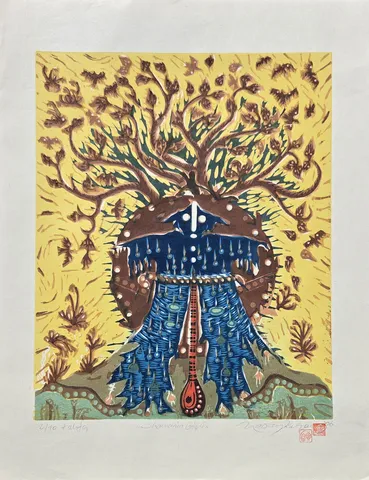 HASAN KIRAN — “Şamanın Göçü”, 2006 "Şamanın Göçü" eseri HASAN KIRAN tarafından 2006 yılında 70x60 cm ölçülerinde Ağaç Baskı tekniği ile yapılmıştır.