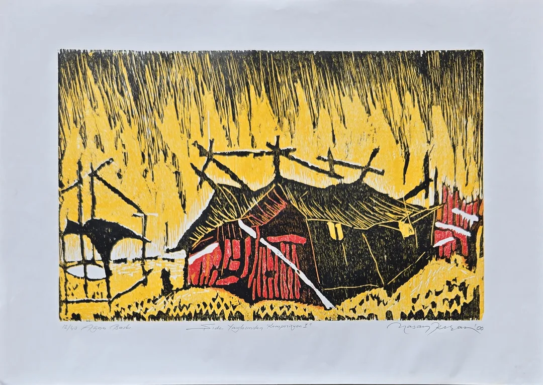 "Şıde yaylasından kompozisyon I -" eseri HASAN KIRAN tarafından 2000 yılında 50x70 cm ölçülerinde Ağaç Baskı tekniği ile yapılmıştır.