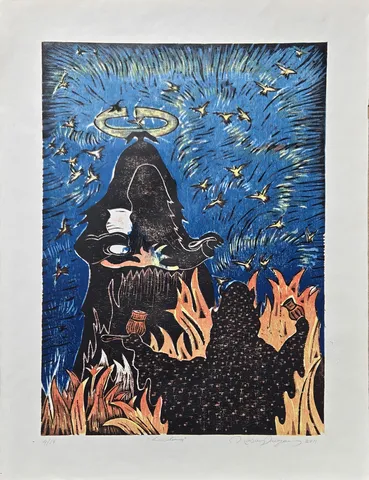 "Karşılaşma" eseri HASAN KIRAN tarafından 2011 yılında 64x49 cm ölçülerinde Ağaç Baskı tekniği ile yapılmıştır.