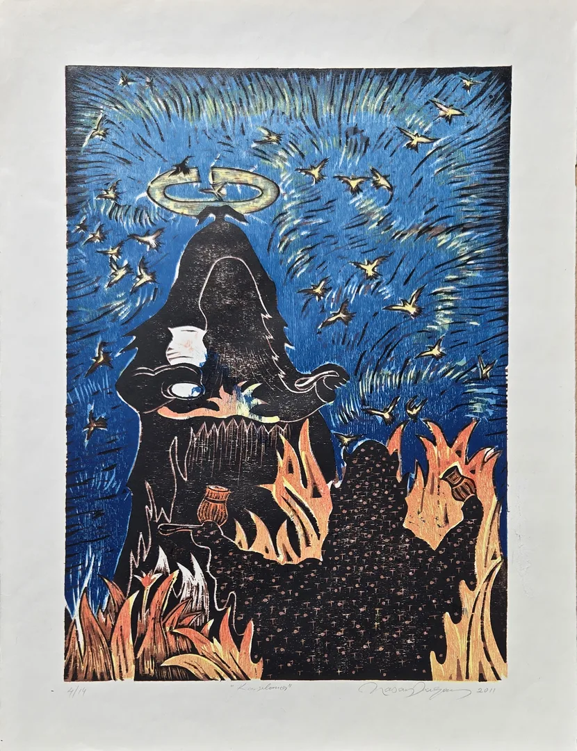 "Karşılaşma" eseri HASAN KIRAN tarafından 2011 yılında 64x49 cm ölçülerinde Ağaç Baskı tekniği ile yapılmıştır.