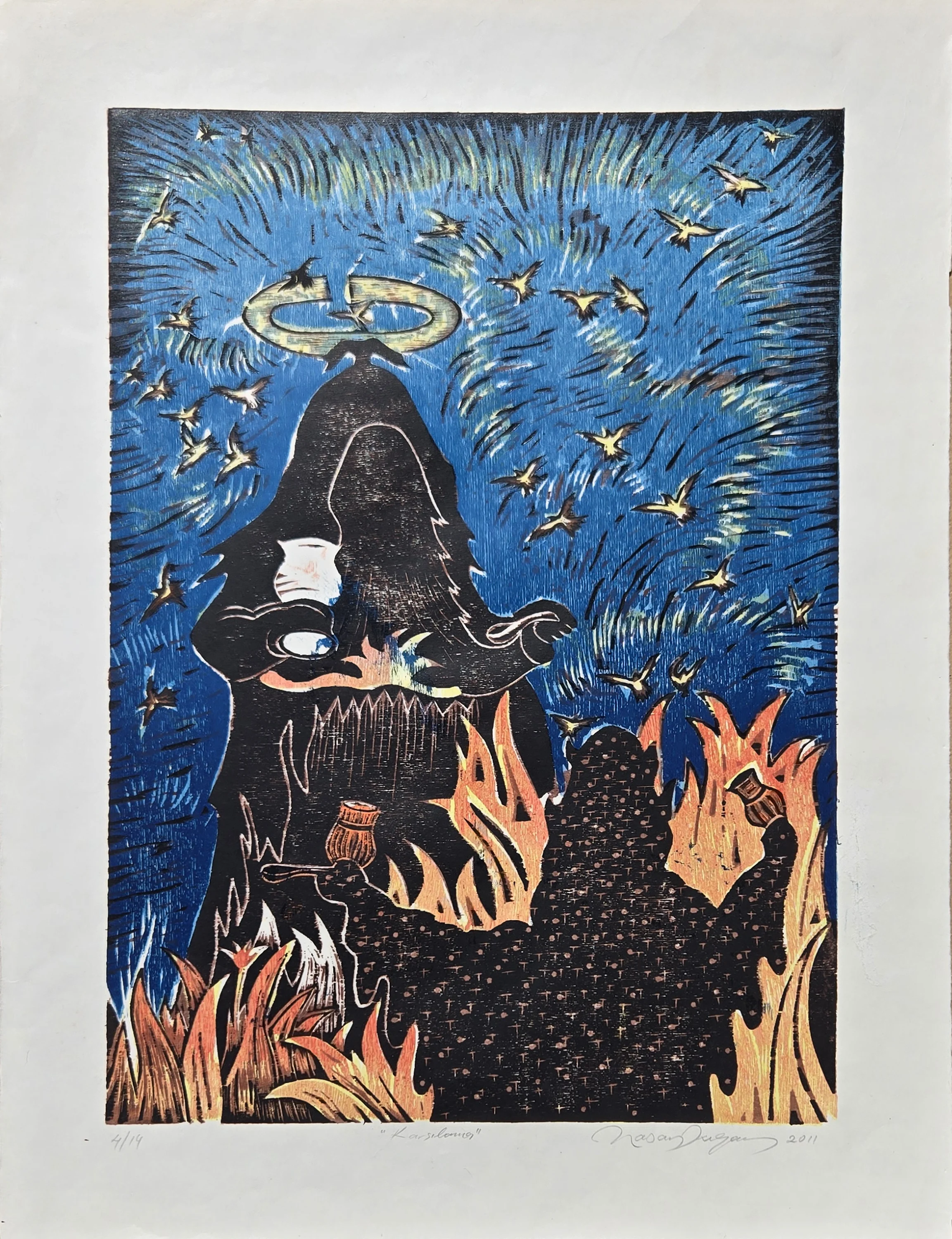 "Karşılaşma" eseri HASAN KIRAN tarafından 2011 yılında 64x49 cm ölçülerinde Ağaç Baskı tekniği ile yapılmıştır.