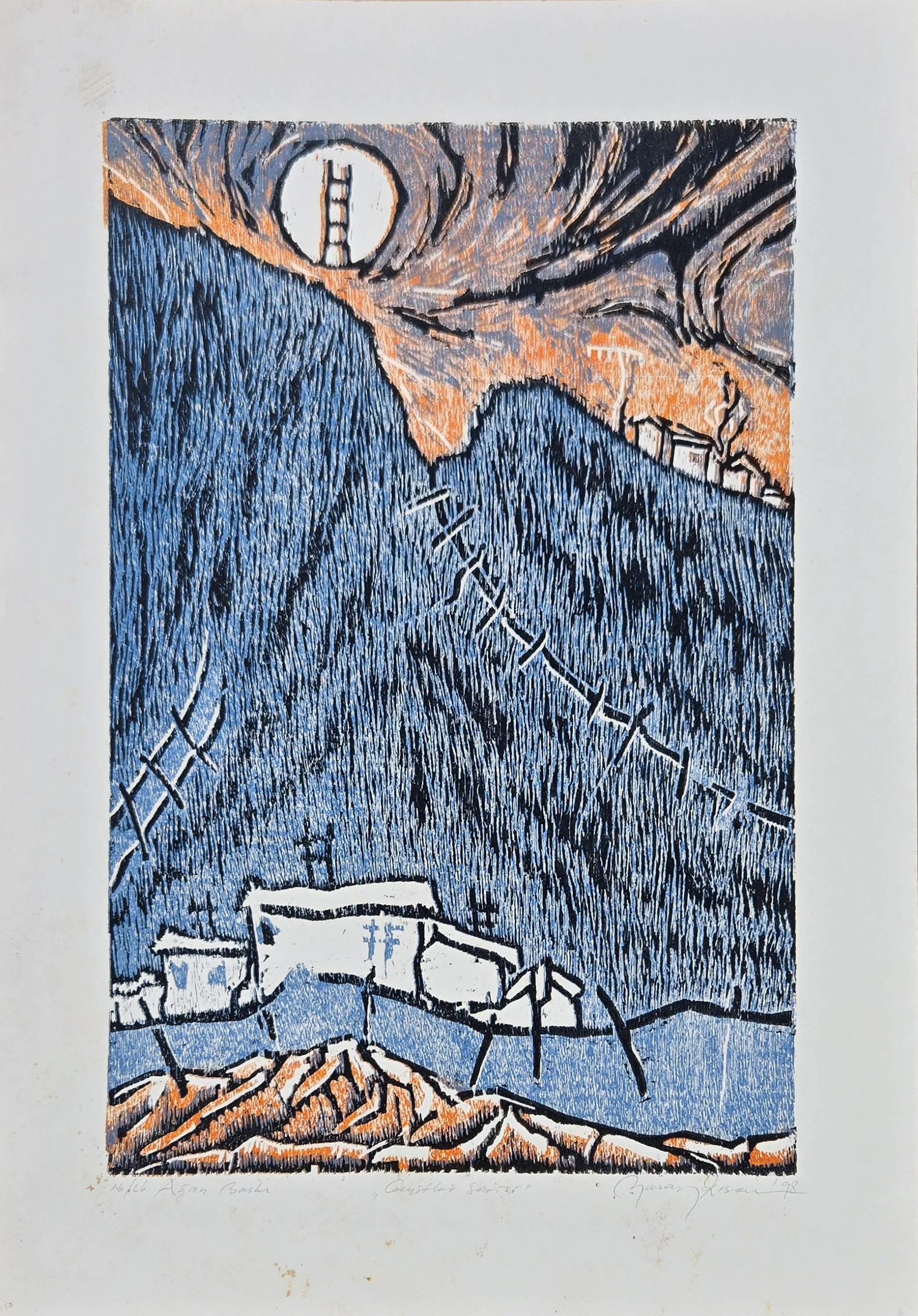 "Geçitler serisi" eseri HASAN KIRAN tarafından 1998 yılında 50x35 cm ölçülerinde Ağaç Baskı tekniği ile yapılmıştır.