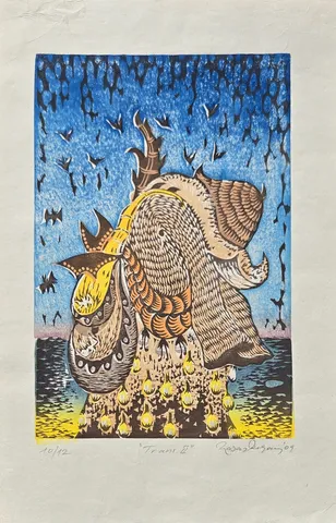 "Trans II" eseri HASAN KIRAN tarafından 2009 yılında 45x30 cm ölçülerinde Ağaç Baskı tekniği ile yapılmıştır.