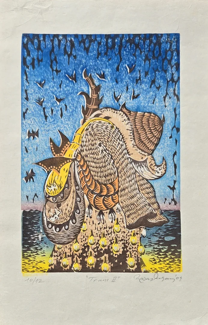 "Trans II" eseri HASAN KIRAN tarafından 2009 yılında 45x30 cm ölçülerinde Ağaç Baskı tekniği ile yapılmıştır.