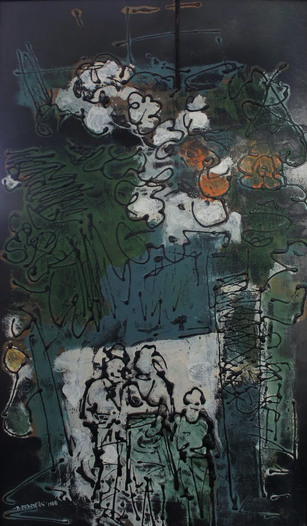 "İsimsiz" eseri HASAN PEKMEZCİ tarafından 1988 yılında 62x34 cm ölçülerinde Duralit üzeri yağlı boya tekniği ile yapılmıştır.
