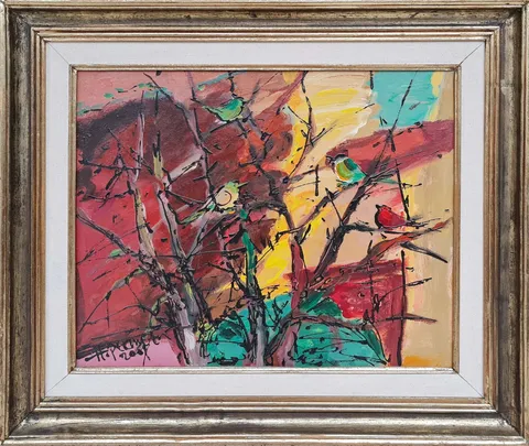 "Kuşlar" eseri HASAN PEKMEZCİ tarafından 2001 yılında 40x50 cm ölçülerinde Tuval üzeri yağlı boya tekniği ile yapılmıştır.