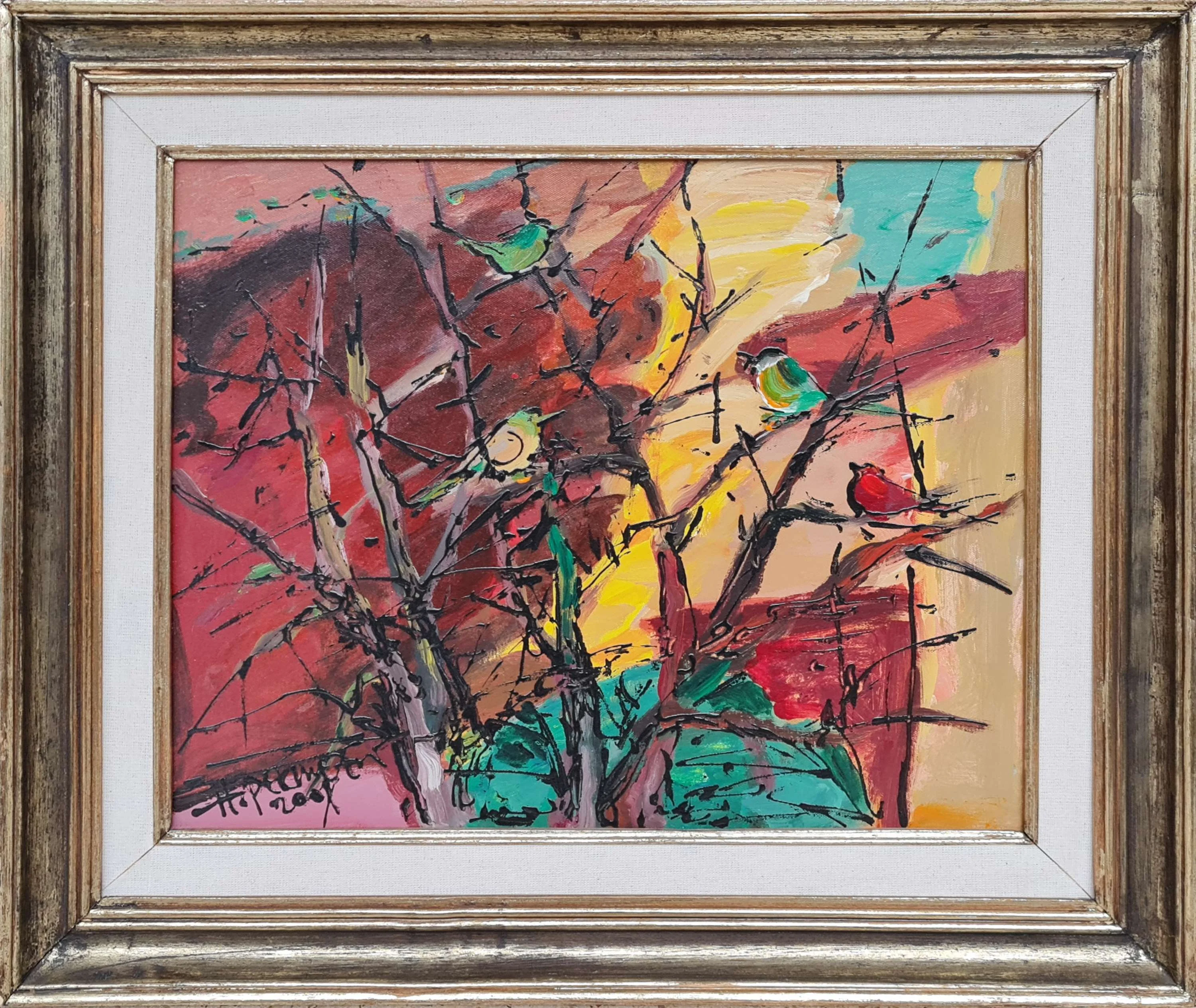 "Kuşlar" eseri HASAN PEKMEZCİ tarafından 2001 yılında 40x50 cm ölçülerinde Tuval üzeri yağlı boya tekniği ile yapılmıştır.