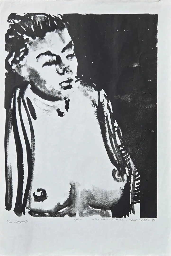 "Nü" eseri HASİP PEKTAŞ tarafından 1990 yılında 50x35 cm ölçülerinde Serigrafi tekniği ile yapılmıştır.