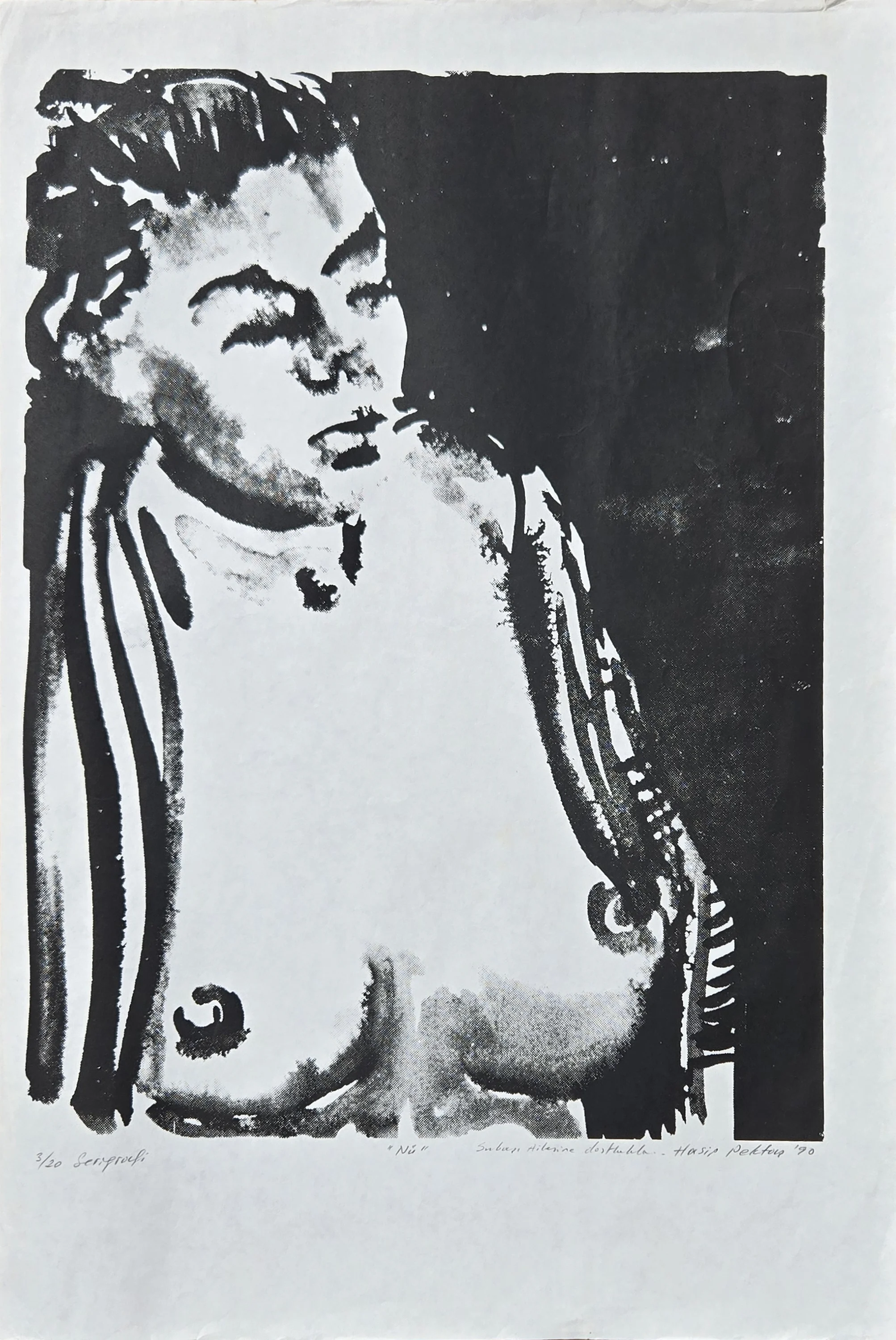 "Nü" eseri HASİP PEKTAŞ tarafından 1990 yılında 50x35 cm ölçülerinde Serigrafi tekniği ile yapılmıştır.