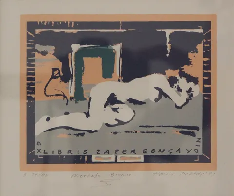 HASİP PEKTAŞ — “İsimsiz”, 1993 "İsimsiz" eseri HASİP PEKTAŞ tarafından 1993 yılında 15x13 cm ölçülerinde Exlibris tekniği ile yapılmıştır.