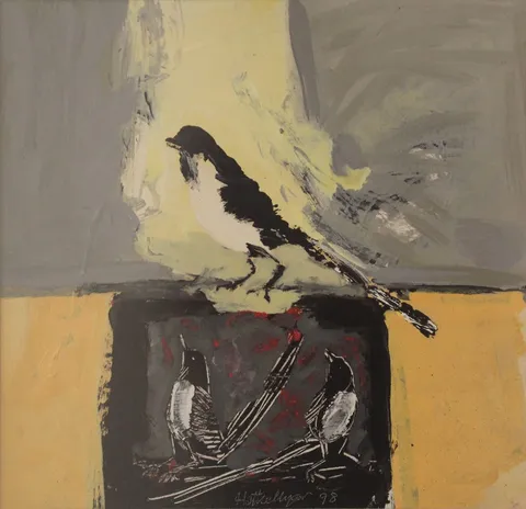 HATİCE UYAR — “İsimsiz”, 1998 "İsimsiz" eseri HATİCE UYAR tarafından 1998 yılında 32x33 cm ölçülerinde Kağıt üzeri yağlı boya tekniği ile yapılmıştır.