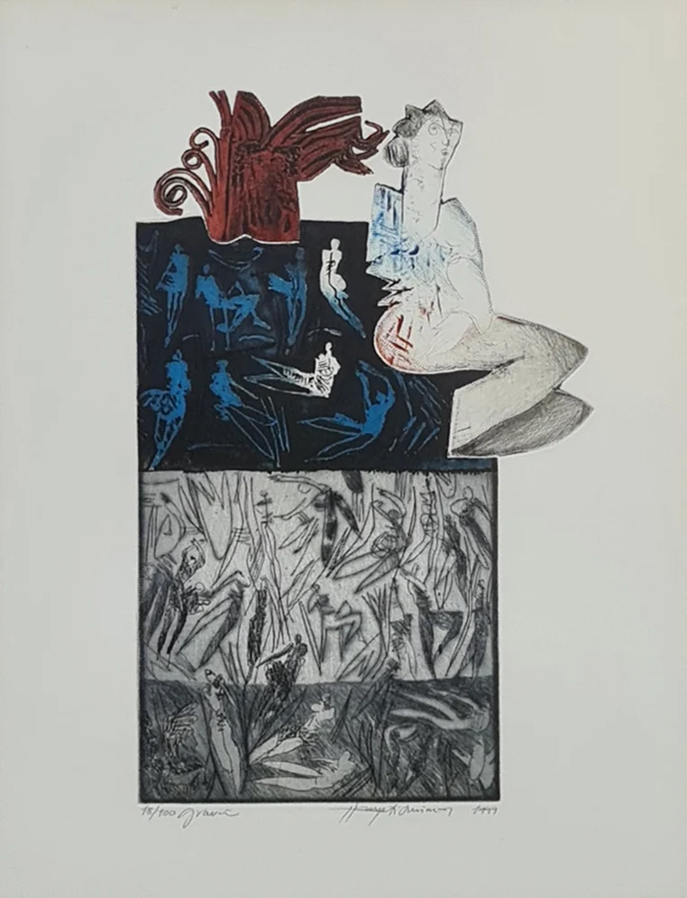 yakınlaştır "İsimsiz" eseri HAYATİ MİSMAN tarafından 1999 yılında 36x26 cm ölçülerinde Gravür tekniği ile yapılmıştır.