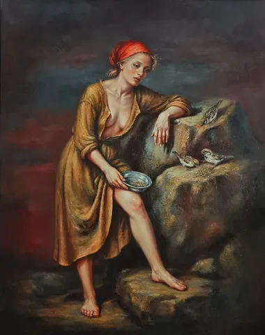 "Serçeler - 2" eseri HEDİYE AKOĞLU tarafından 100x80 cm ölçülerinde Tuval üzeri yağlı boya tekniği ile yapılmıştır.
