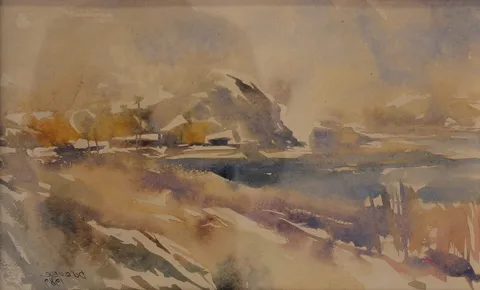 HİKMET DURUER — “Soyut Peyzaj” "Soyut Peyzaj" eseri HİKMET DURUER tarafından 24x39 cm ölçülerinde Kağıt üzeri sulu boya tekniği ile yapılmıştır.
