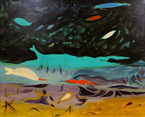 HÜSEYİN BİLGİN — “İsimsiz”, 1992 "İsimsiz" eseri HÜSEYİN BİLGİN tarafından 1992 yılında 80x100 cm ölçülerinde Tuval üzeri yağlı boya tekniği ile yapılmıştır.
