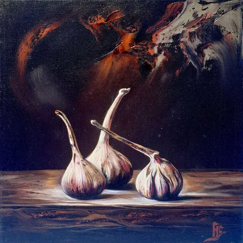 HÜSEYİN FEYZULLAH — “Sarımsaklar”, 2017 "Sarımsaklar" eseri HÜSEYİN FEYZULLAH tarafından 2017 yılında 25x25 cm ölçülerinde Tuval üzeri yağlı boya tekniği ile yapılmıştır.