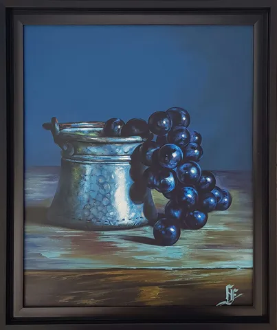 "Bakraç - Siyah Üzüm" eseri HÜSEYİN FEYZULLAH tarafından 2021 yılında 60x50 cm ölçülerinde Tuval üzeri yağlı boya tekniği ile yapılmıştır.