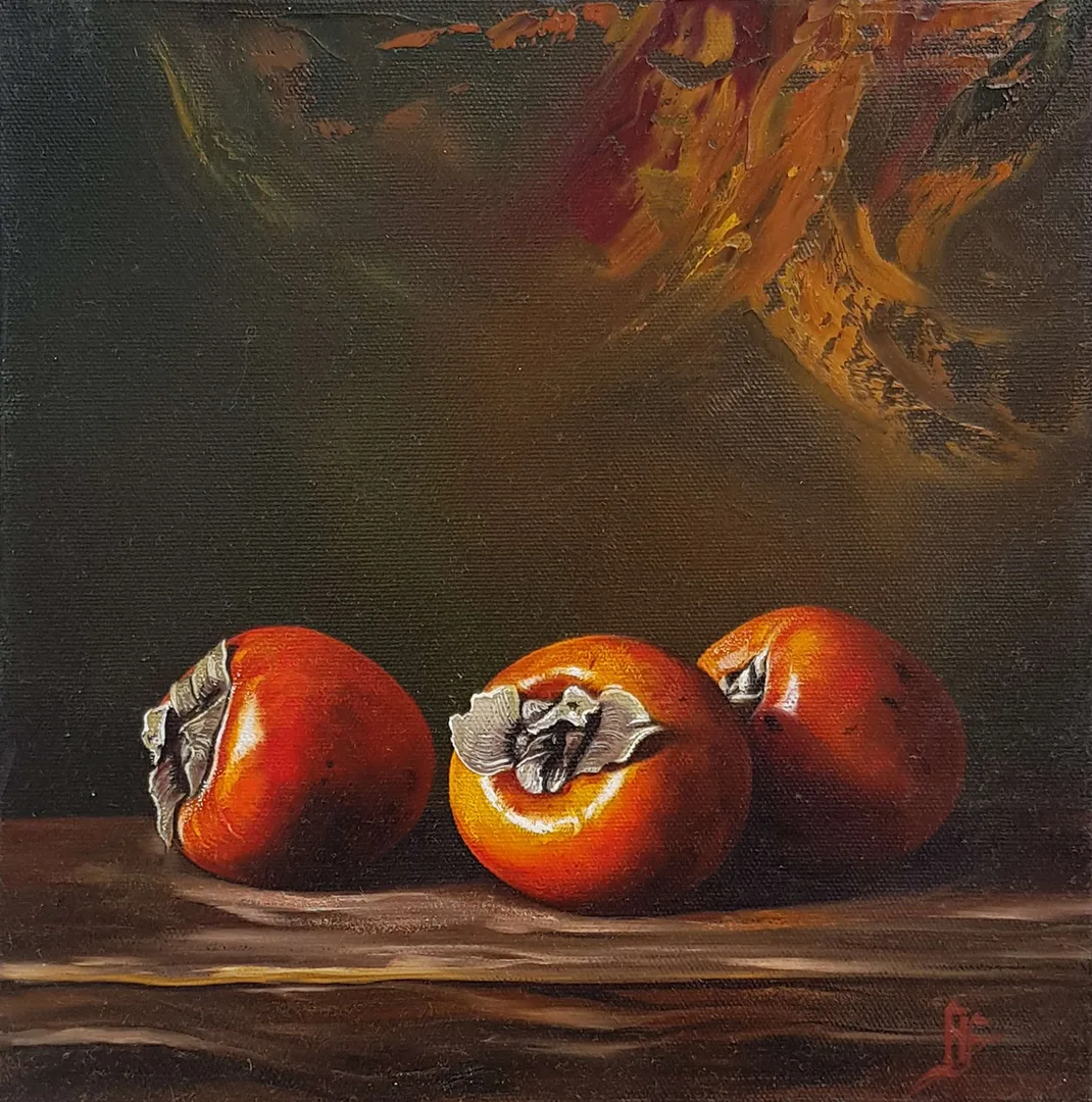 "Hurmalar" eseri HÜSEYİN FEYZULLAH tarafından 2016 yılında 25x25 cm ölçülerinde Tuval üzeri yağlı boya tekniği ile yapılmıştır.