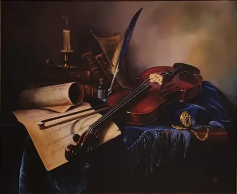 "Kemanlı Natürmort" eseri HÜSEYİN FEYZULLAH tarafından 80x100 cm ölçülerinde Tuval üzeri yağlı boya tekniği ile yapılmıştır.