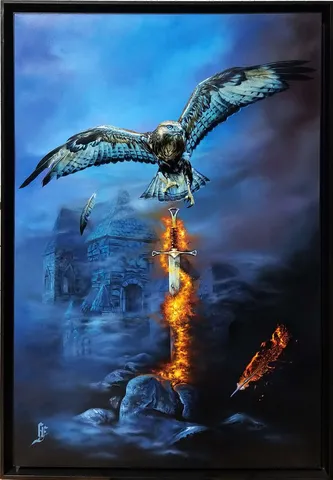 "Kartal ve Kılıç" eseri HÜSEYİN FEYZULLAH tarafından 150x100 cm ölçülerinde Tuval üzeri yağlı boya tekniği ile yapılmıştır.