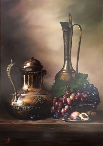 "Üzümlü İbrikli natürmort" eseri HÜSEYİN FEYZULLAH tarafından 100x70 cm ölçülerinde Tuval üzeri yağlı boya tekniği ile yapılmıştır.