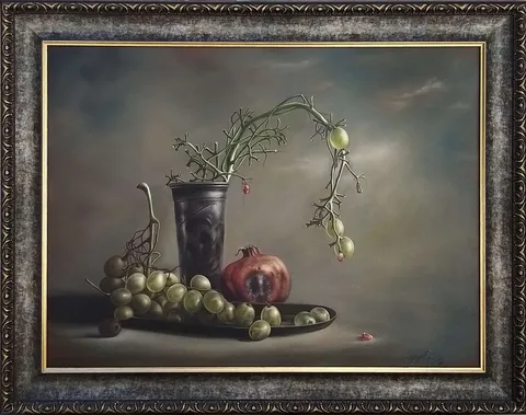 "Üzümlü Narlı Natürmort" eseri HÜSEYİN FEYZULLAH tarafından 60x80 cm ölçülerinde Tuval üzeri yağlı boya tekniği ile yapılmıştır.