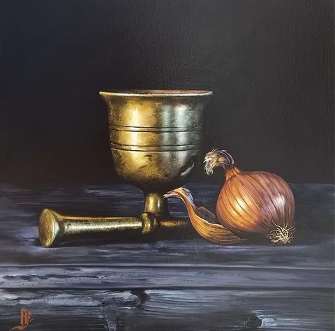 "Soğanlı Natürmort" eseri HÜSEYİN FEYZULLAH tarafından 40x40 cm ölçülerinde Tuval üzeri yağlı boya tekniği ile yapılmıştır.