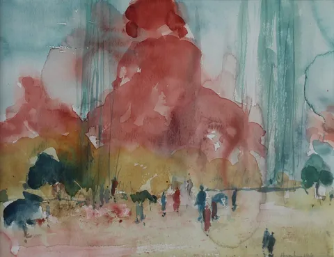 HÜSEYİN SÖNMEZ — “İsimsiz” "İsimsiz" eseri HÜSEYİN SÖNMEZ tarafından 20x26 cm ölçülerinde Kağıt üzeri sulu boya tekniği ile yapılmıştır.
