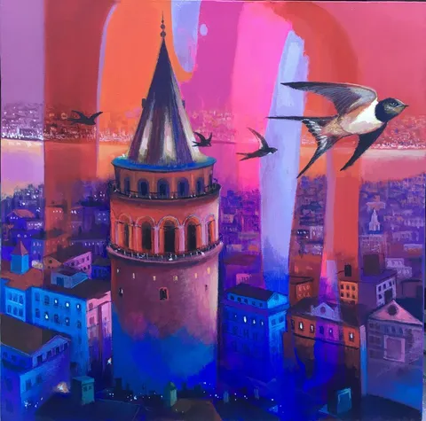 "Kırmızılı Galatalı" eseri KADİR ŞİŞGİNOĞLU tarafından 2021 yılında 40x40 cm ölçülerinde Tuval üzeri yağlı boya tekniği ile yapılmıştır.