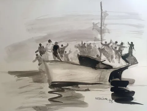 "Teknede Düğün" eseri KAYIHAN KESKİNOK tarafından 1998 yılında 24x30 cm ölçülerinde Kağıt üzeri karışık teknik tekniği ile yapılmıştır.